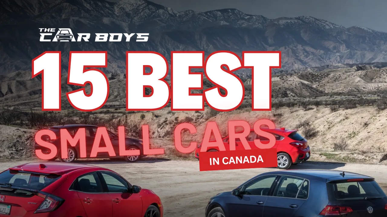 A surprised woman standing near a lineup of cars with bold text “15 Cheapest New Cars in Canada” — image by The Car Boys Mississauga.